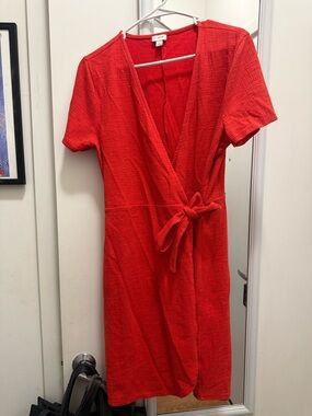 J. Crew Red Textured Faux Wrap Midi Dress with Waist Tie